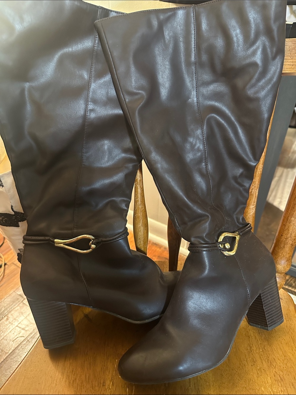 dexflex comfort Dark Brown Over-the-Knee Block Heel Boots with Gold Accent
